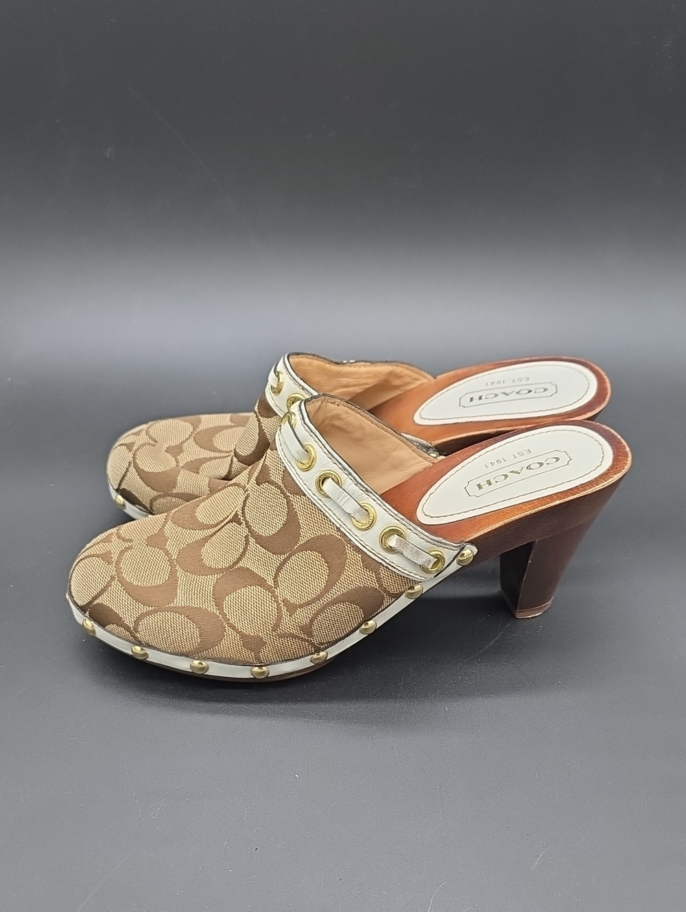 Coach Brown Signature Canvas Clog Heels with Gold Accents 7.5 - Picture 4 of 6